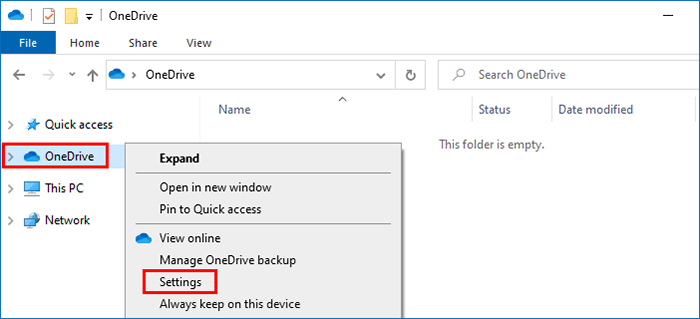 right-click OneDrive folder and select Settings