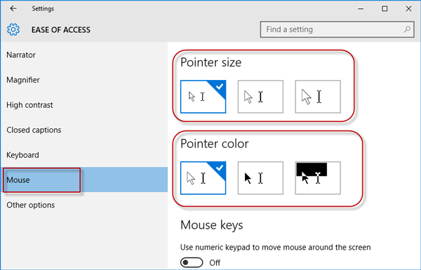Select pointer size and color