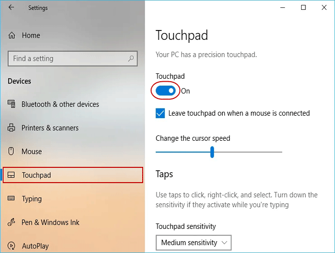 turn on touchpad in Settings