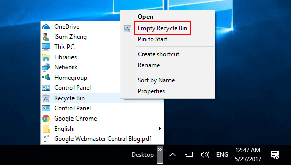 Empty Recycle Bin from Desktop toolbar