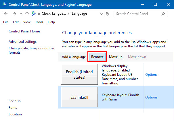 Click on Remove to uninstall language