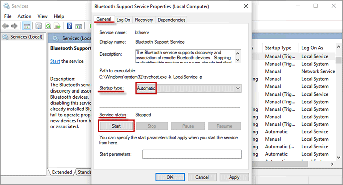 enable Bluetooth Support Service