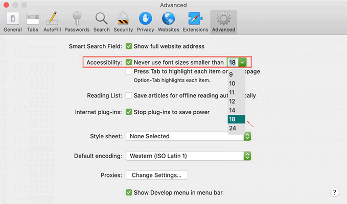 Change Safari's font size on Mac
