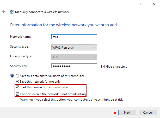 Enter information for the wireless network