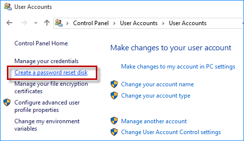 create a password reset disk link not working