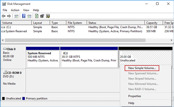 Add Hard Drive Disk Management Unallocated