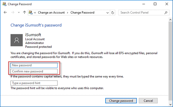 Reset password in Control Panel