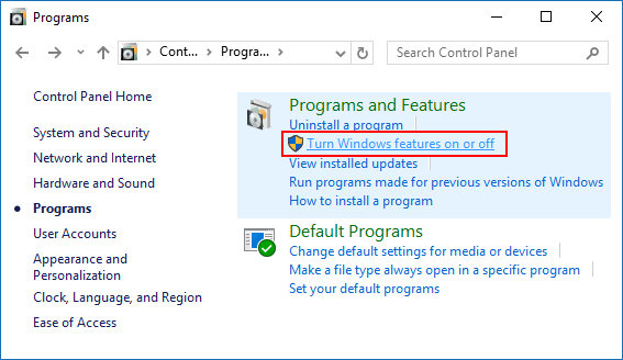 Turn Windows Feature on or off