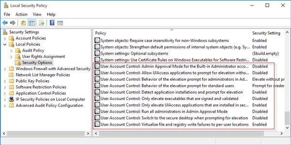 Disable or enable user account control