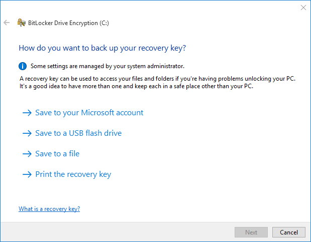 select location to store recovery key