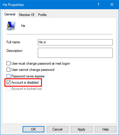 Disable or enable user accounts in Local Users and Groups