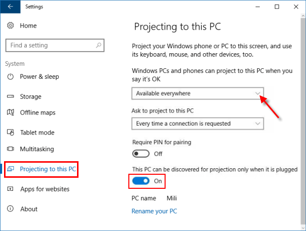 Customize projecting to this PC settings
