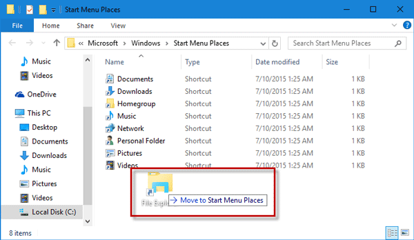 Add File Explorer shortcut to Start Menu Places folder