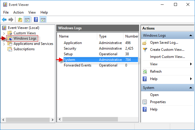 Navigate to Windows Logs and then System