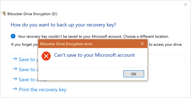 BitLocker recovery key couldn't be saved to your Microsoft account