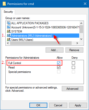 Add Full control to permissions of Administrators