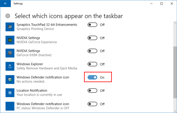 Turn on or off Windows Defender notification icon