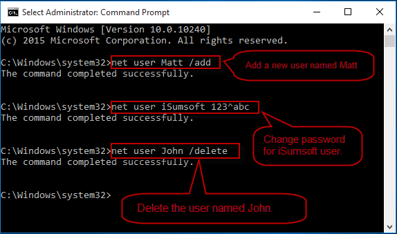 Add, delete, and modify user accounts in Command Prompt