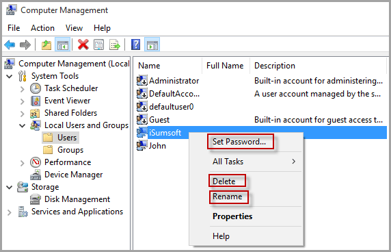 Modify or delete user accounts in Computer Management
