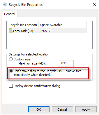 Select Don't move files to Recycle Bin
