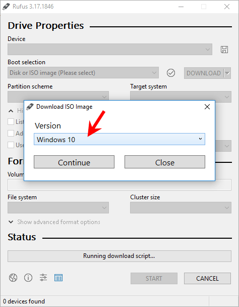 select Windows 10 and click Continue
