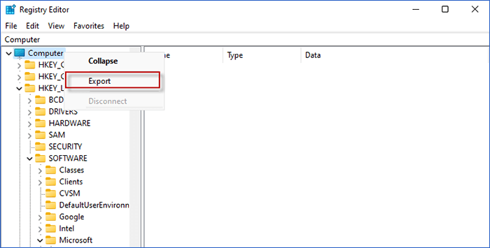 enter Registry and right-click on Computer to export registry 