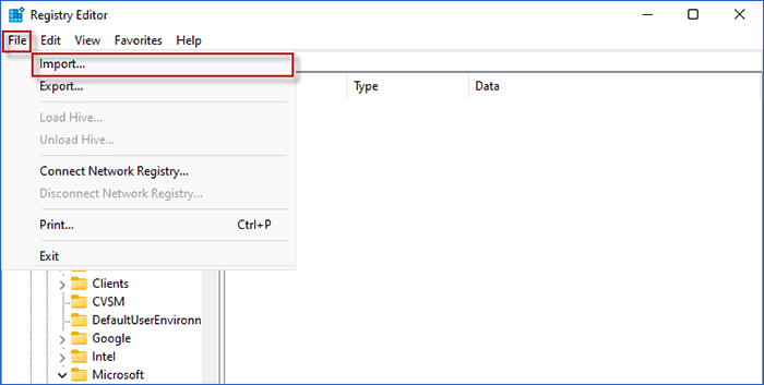 enter Registry and click File option on the toolbar to import registry