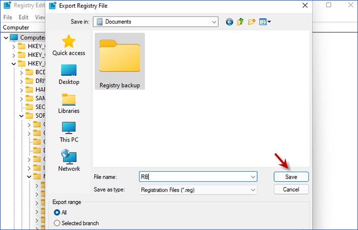 Choose a location for registry backup and click Save button