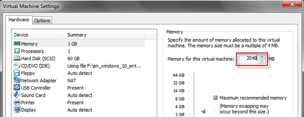 Specify memory for the virtual machine