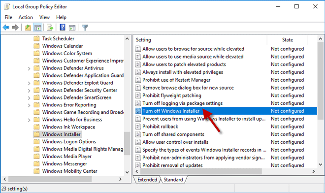 edit turn off Windows installer policy