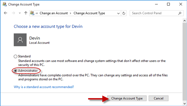 Change from Standard to Administrator
