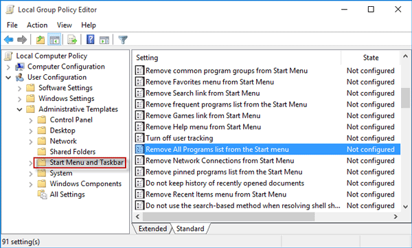 Remove All Programs list from the Start menu