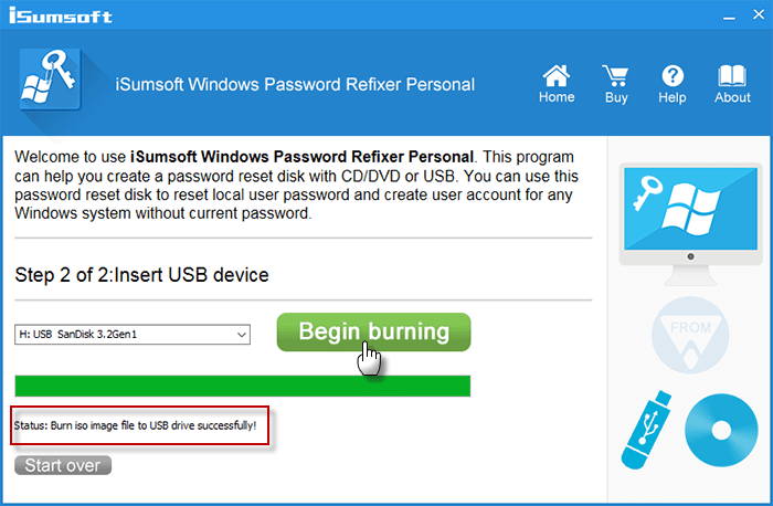 click Begin burning to create a password reset disk
