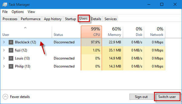 Switch user in Task Manager