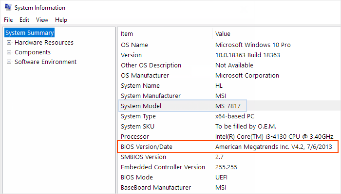 Check BIOS version and date in Windows 10