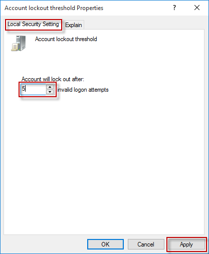 change the number of invalid logon attempts