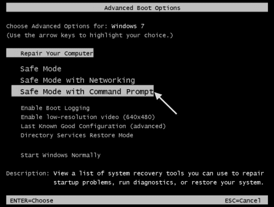 Select safe mode with Command Prompt