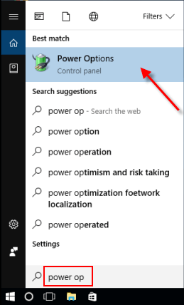 Open Power Options window from Search box