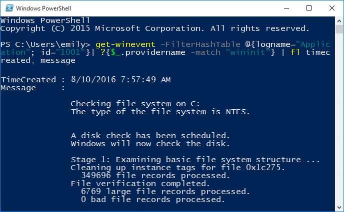 To read Chkdsk log in Powershell