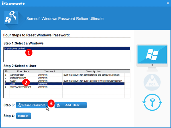 select user account and click reset password
