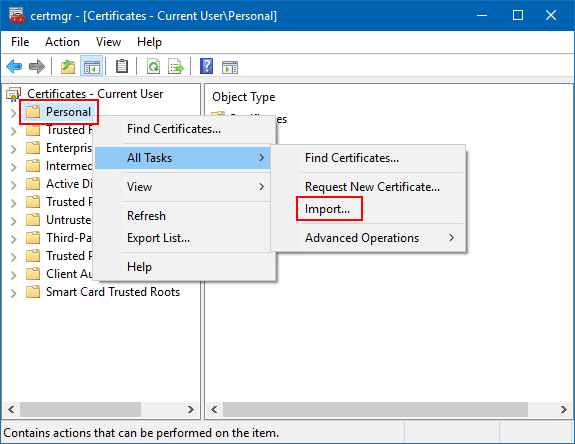 Import certificate from backup file