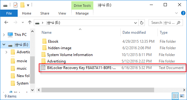 Find BitLocker recovery key in saved usb drive