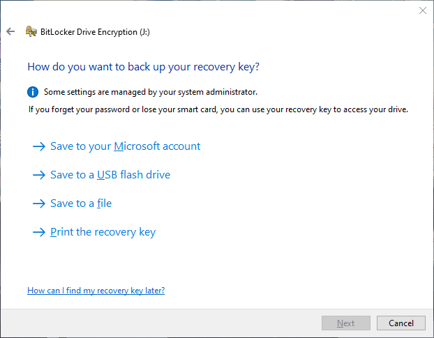 Four options to backup recovery key