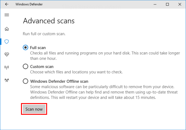 Run a scan with Windows Defender Security Center app