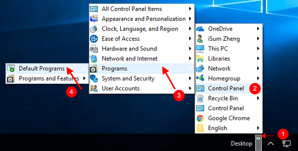 Access to Default Programs from Desktop toolbar
