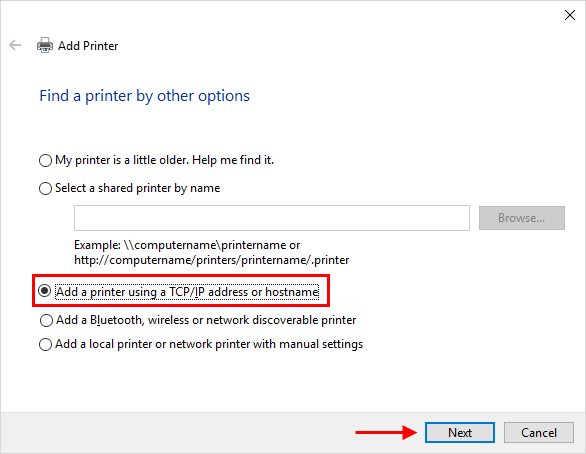 Add a printer using a IP address