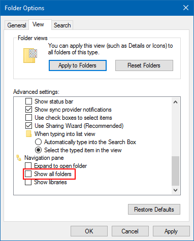 Uncheck Show all folders option to hide Recycle Bin