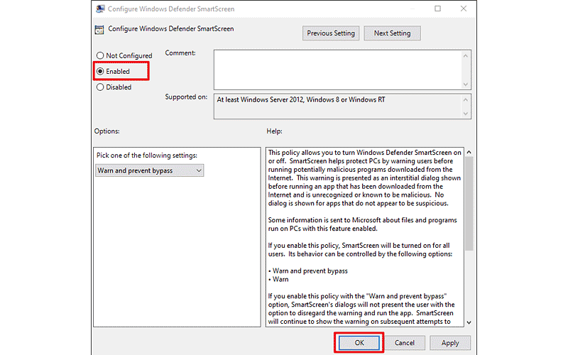 enable windows defender smartscreen on local group policy editor