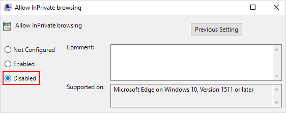 Disable Microsoft Edge InPrivate browsing