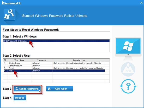 Select user and reset password